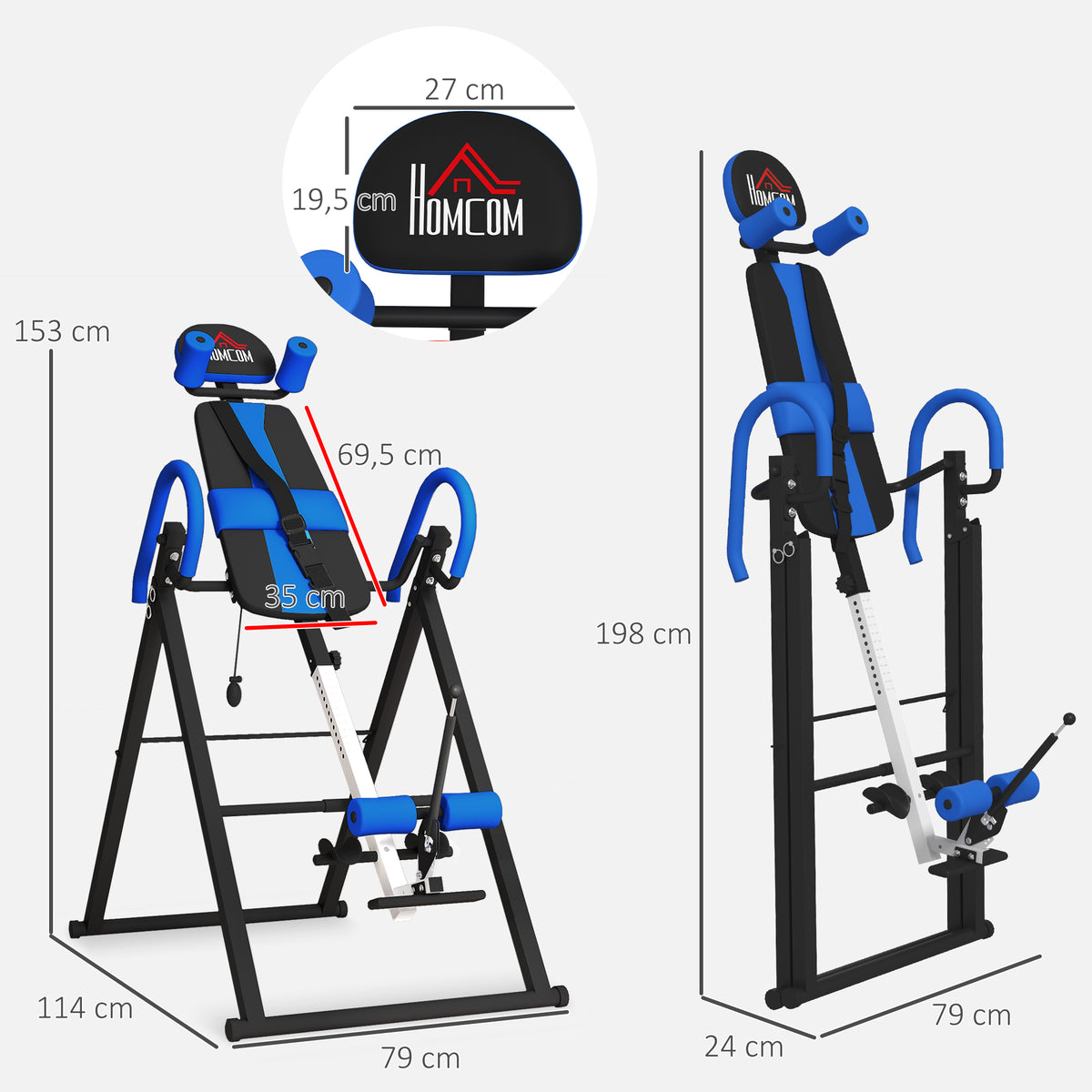 Table d'inversion de musculation pliable ceinture de sécurité réglable angle ajustable 3 niveaux 79x114x153cm bleu noir