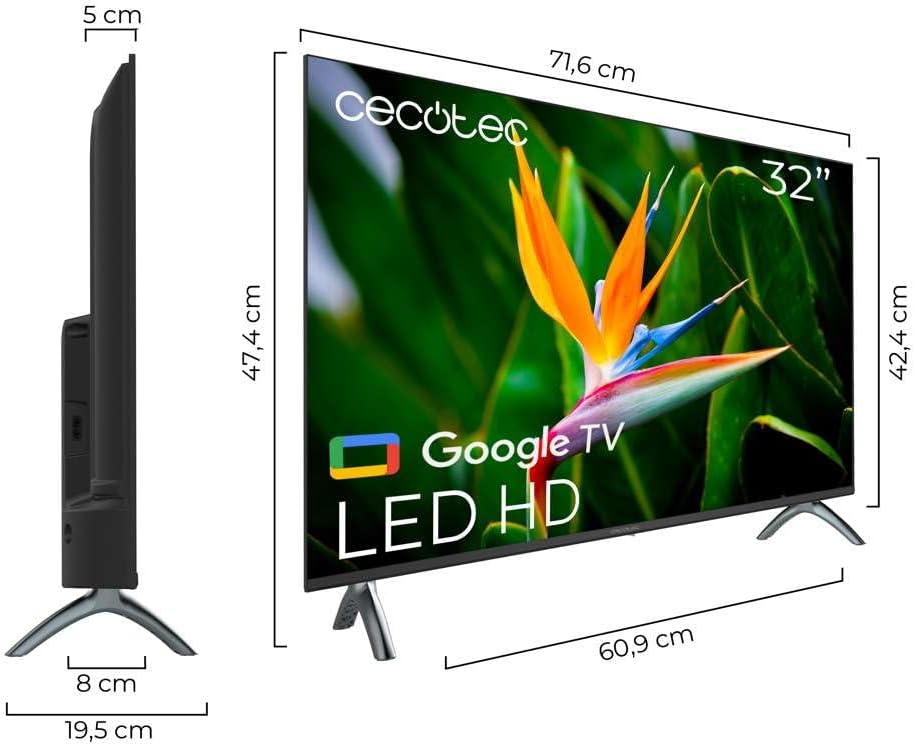 Cecotec Smart TV - 32-tums LED-TV HD-upplösning - A4-serien ALH40032S. Google TV OS, Dolby Audio, HDR10, 16 GB ROM, Bluetooth, Google Voice Assitant och Chromecast