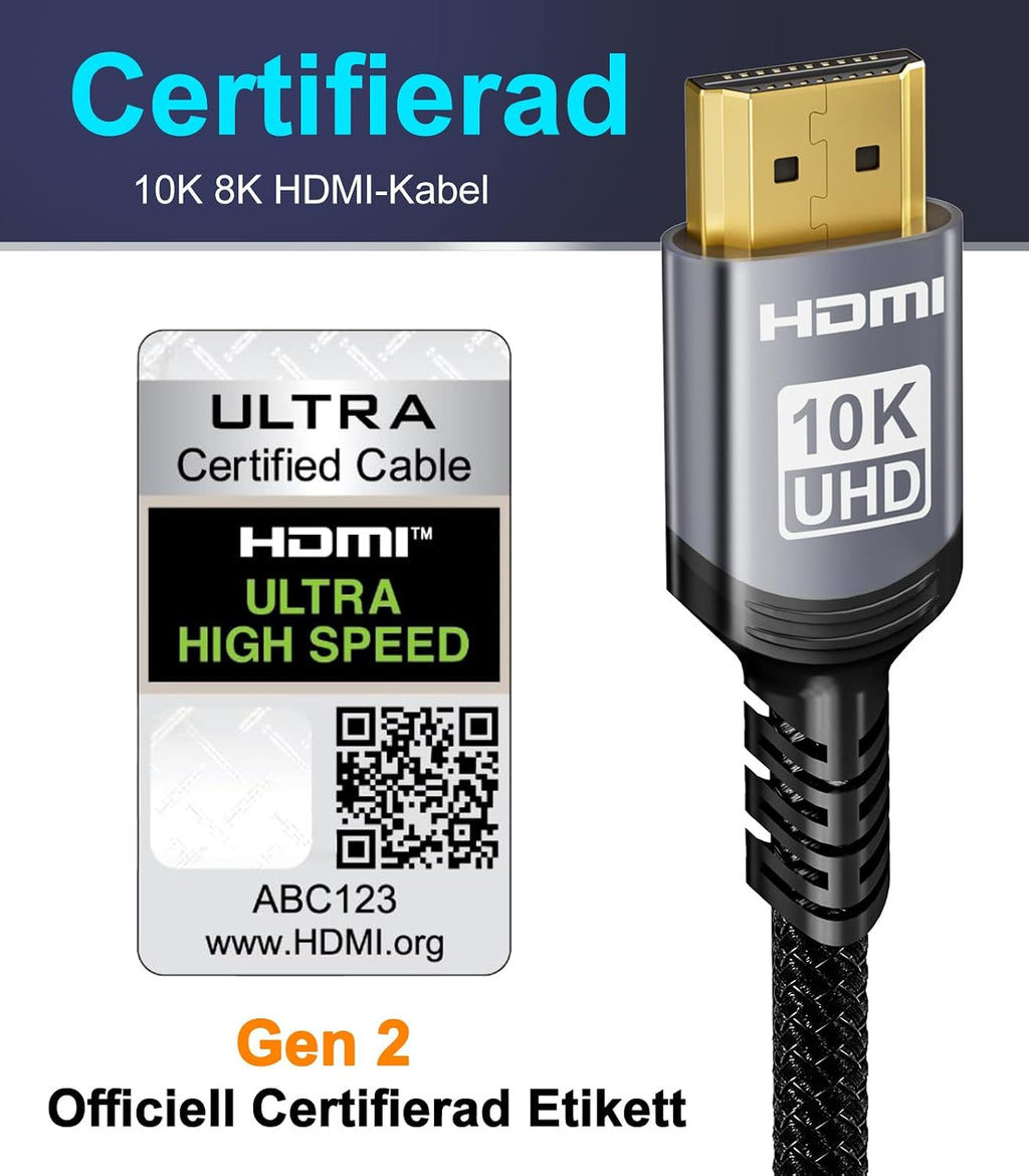 Sniokco 10K 8K 4K HDMI 2.1 Kabel 3M Certifierad 48Gbps Ultra Hög Hastighet