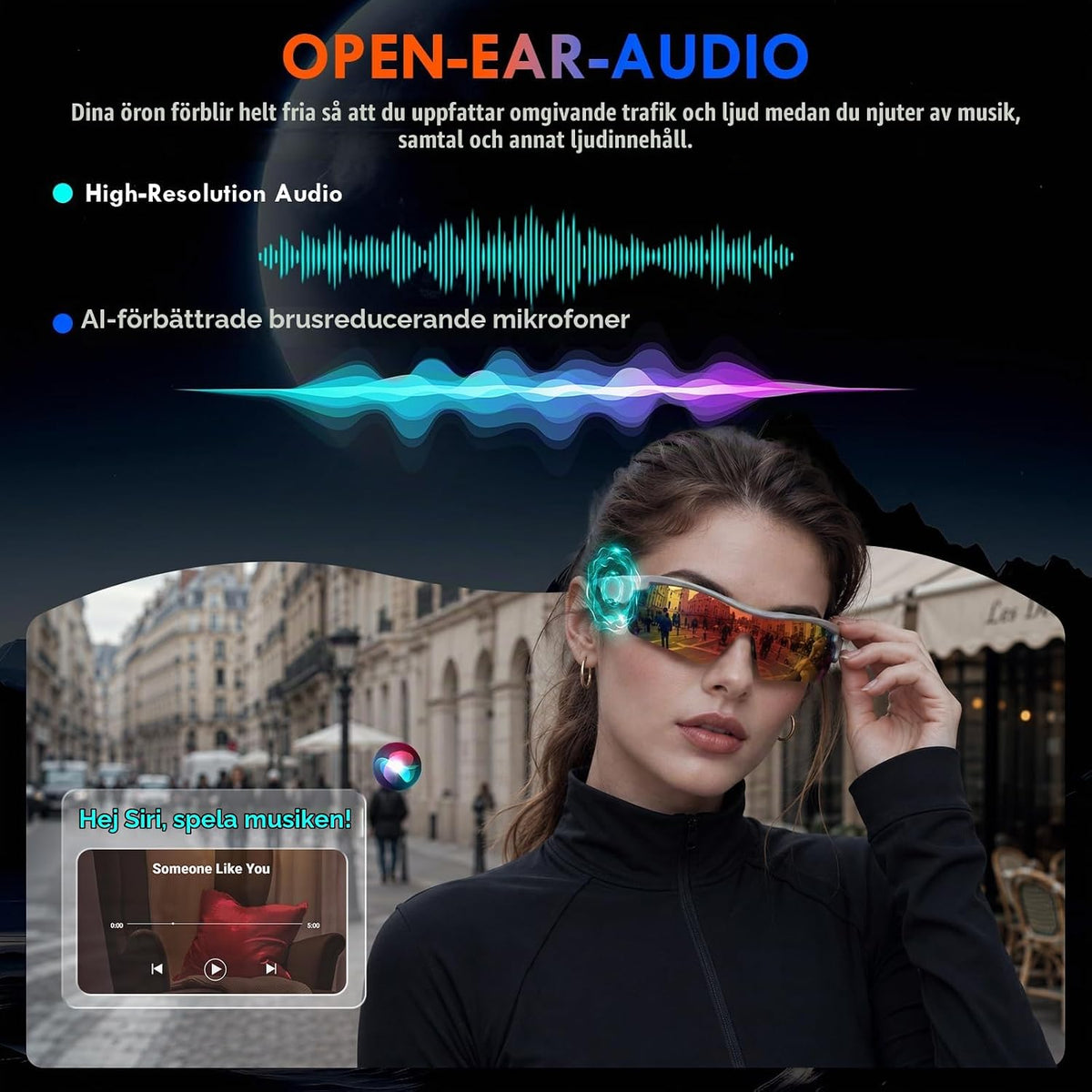 2026 Smart Glasses AI-glasögon – TR90 ram, ChatGPT röstassistent, realtidsöversättning, Open Ear Audio, handsfree-funktion, UV400 KI cykelglasögon sol sportglasögon för män kvinnor