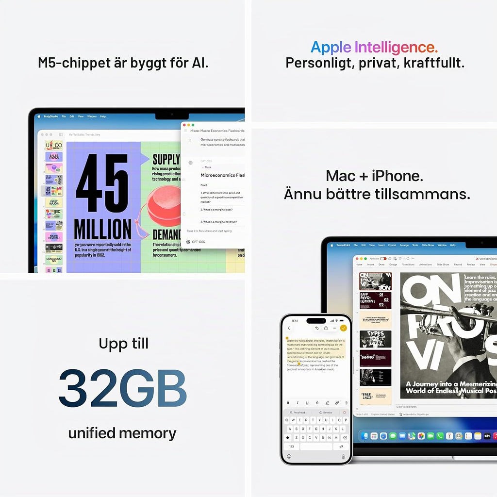 Apple MacBook Air 15,3-tum med M5-chip: Byggd för AI, Liquid Retina-skärm, 16GB enhetligt minne, 512GB SSD, 12 MP Center Stage-kamera, Touch ID, wifi 7, himmelsblå