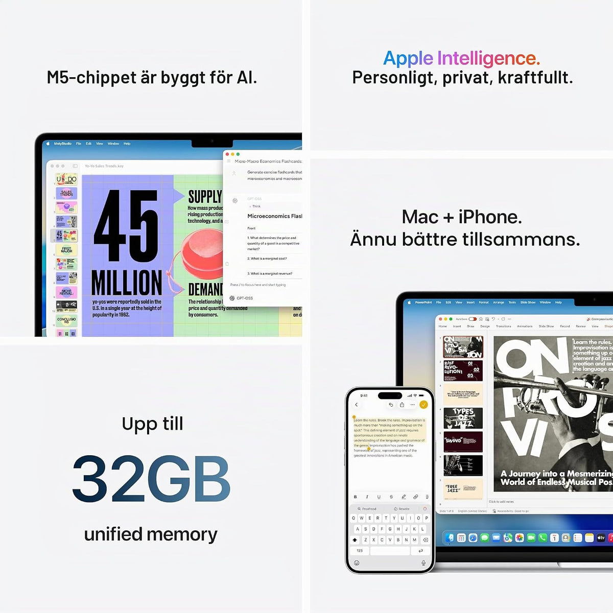 Apple MacBook Air 15,3-tum med M5-chip: Byggd för AI, Liquid Retina-skärm, 16GB enhetligt minne, 512GB SSD, 12 MP Center Stage-kamera, Touch ID, wifi 7, himmelsblå