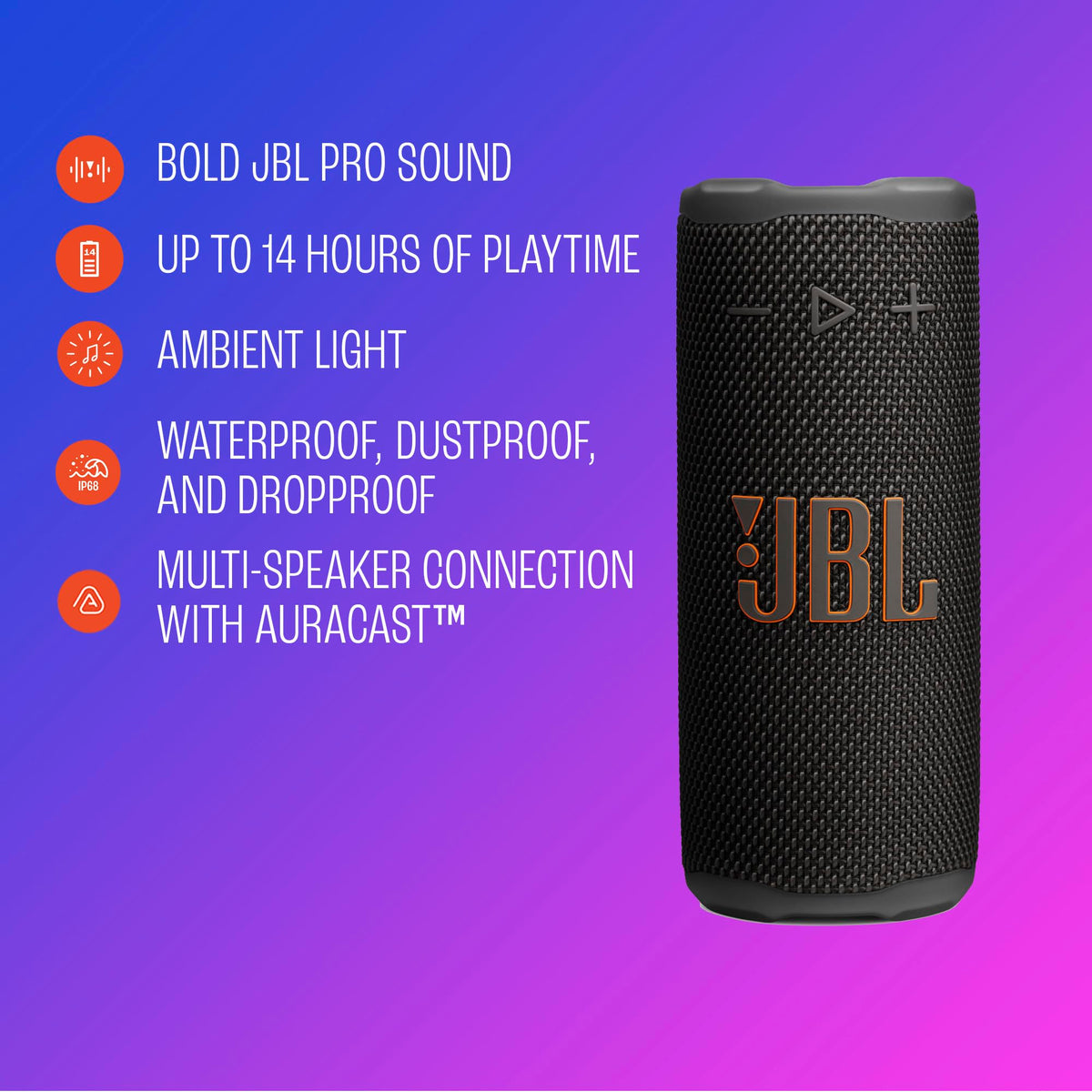 JBL Grip Portable Bluetooth Speaker, Waterproof, Ambient Light - Black
