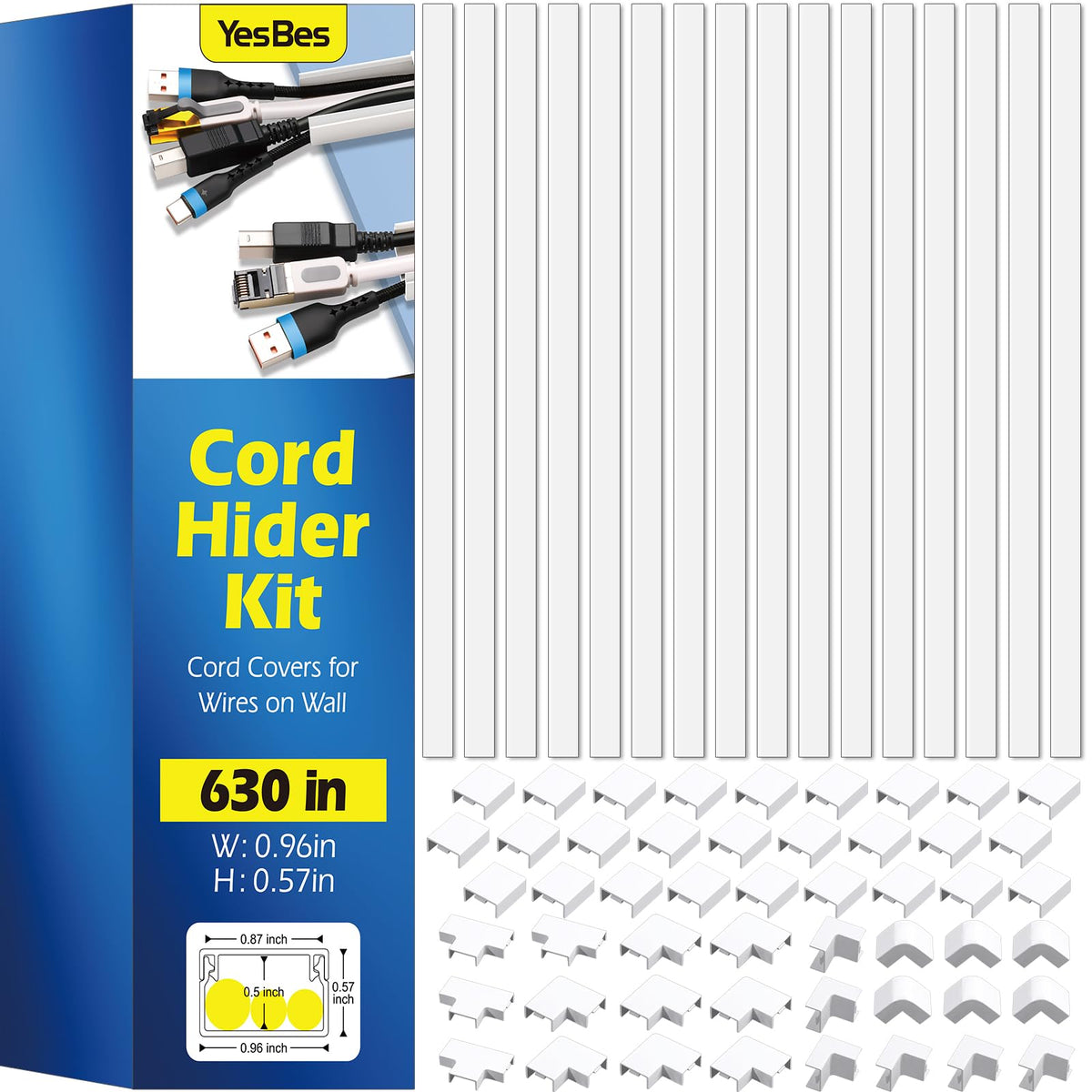 315in Cord Hider Kit, Paintable Cable Raceway, Cord Covers for Wires on Wall, Cord Hider for Wall Mount tv, tv Cable Hider Wall kit, Wire Covers for Cords, 20X L15.7in X W0.96in X H0.57in, White