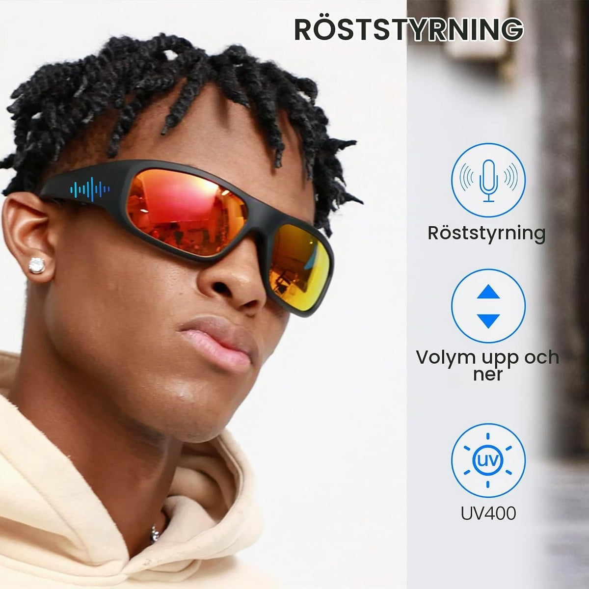 OhO smarta glasögon, polariserade solglasögon med Bluetooth-högtalare, atletisk/utomhus UV-skydd och röstkontroll, unisex