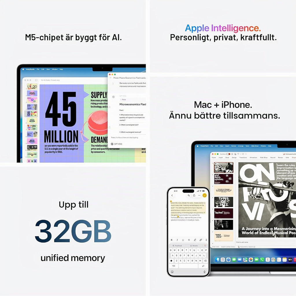 Apple MacBook Air 15,3-tum med M5-chip: Byggd för AI, Liquid Retina-skärm, 16GB enhetligt minne, 512GB SSD, 12 MP Center Stage-kamera, Touch ID, wifi 7, himmelsblå