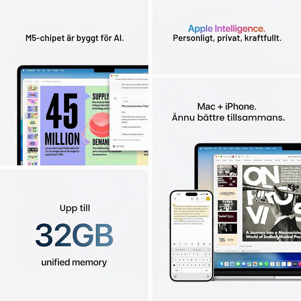 Apple MacBook Air 15,3-tum med M5-chip: Byggd för AI, Liquid Retina-skärm, 16GB enhetligt minne, 512GB SSD, 12 MP Center Stage-kamera, Touch ID, wifi 7, himmelsblå