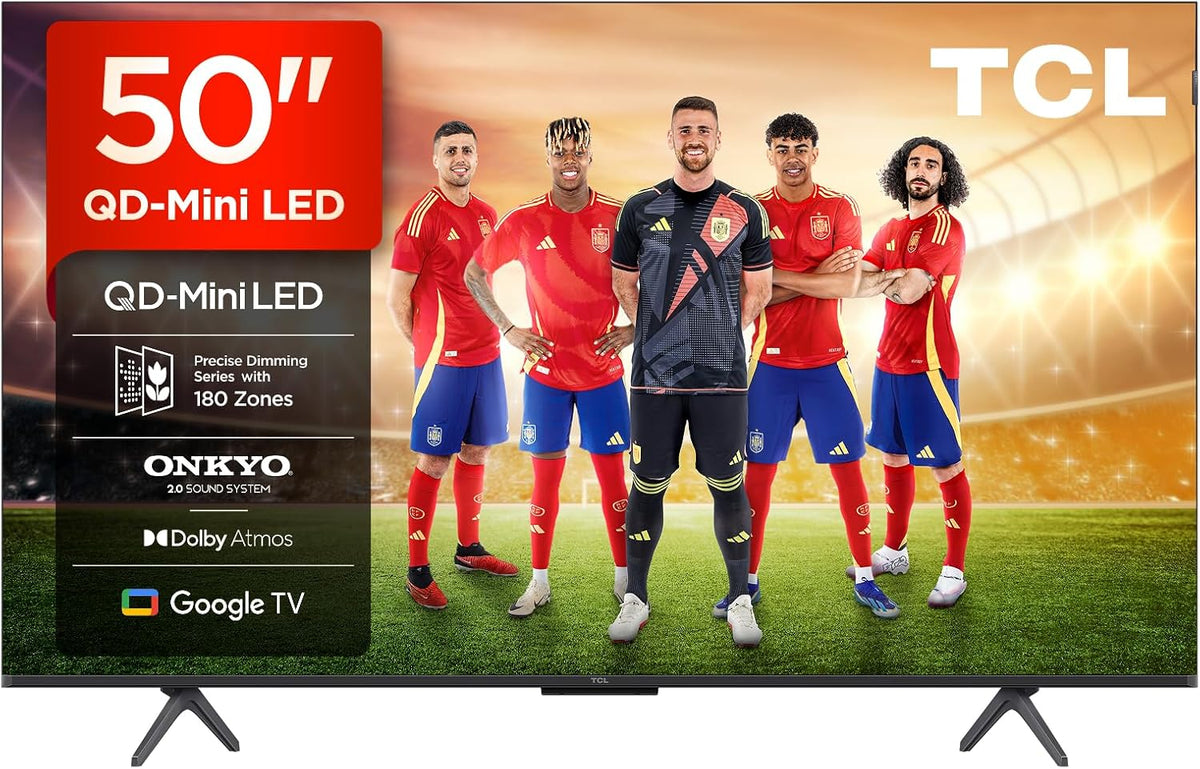 TCL 50Q6C QD-Mini LED TV, 4K HDR Premium 1000nits, Smart TV drivs av Google (Dolby Vision IQ och Atmos, Onkyo 2.1 ljudsystem, 144Hz Motion Clarity Pro, Game Master, handsfree röststyrning)