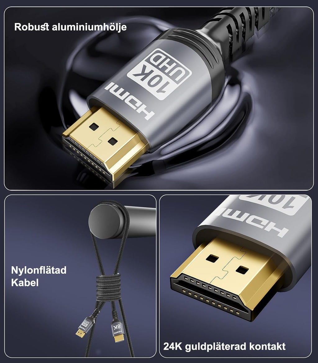 Sniokco 10K 8K 4K HDMI 2.1 Kabel 3M Certifierad 48Gbps Ultra Hög Hastighet