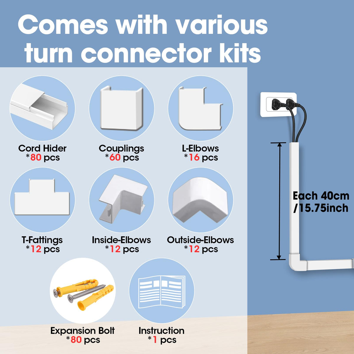 315in Cord Hider Kit, Paintable Cable Raceway, Cord Covers for Wires on Wall, Cord Hider for Wall Mount tv, tv Cable Hider Wall kit, Wire Covers for Cords, 20X L15.7in X W0.96in X H0.57in, White