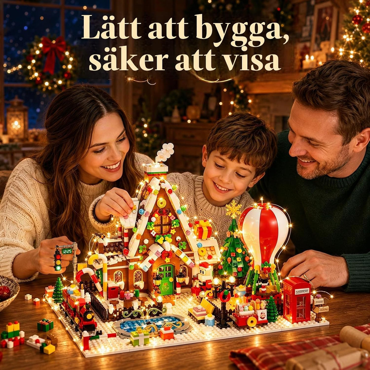 Adventskalender 2026 Gingerbread House minibyggnadsset med ljus, 24 dagars nedräkning julby huvudgata byggsats med julgran tåg, varmluftballong, presentleksak för vuxna barn