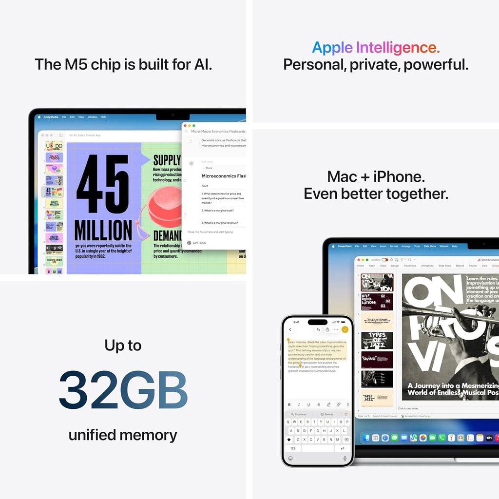 Apple MacBook Air 15,3-tum med M5-chip: Byggd för AI, Liquid Retina-skärm, 16GB enhetligt minne, 512GB SSD, 12 MP Center Stage-kamera, Touch ID, wifi 7, himmelsblå
