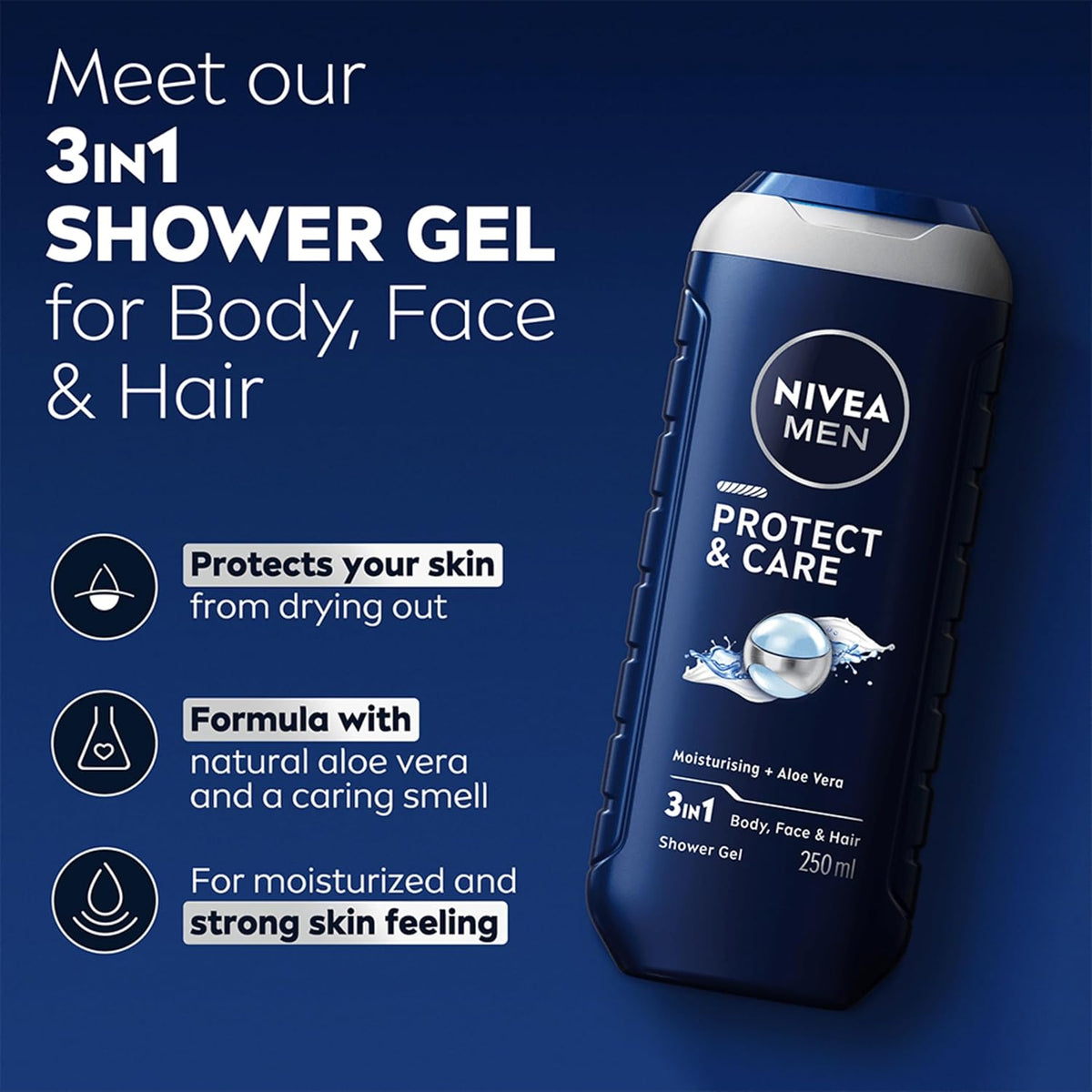 NIVEA MEN Protect and Care 3-i-1 Duschgel för Ansikte, Hår & Kropp, 250 ml