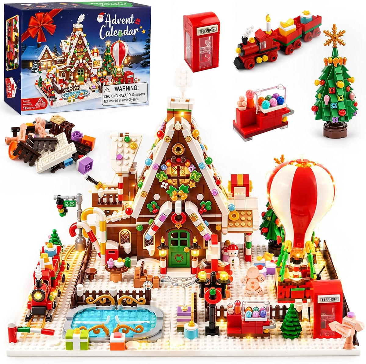 Adventskalender 2026 Gingerbread House minibyggnadsset med ljus, 24 dagars nedräkning julby huvudgata byggsats med julgran tåg, varmluftballong, presentleksak för vuxna barn