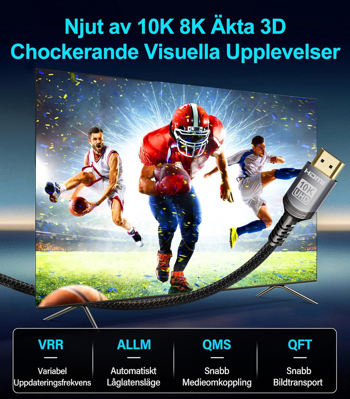 Sniokco 10K 8K 4K HDMI 2.1 Kabel 3M Certifierad 48Gbps Ultra Hög Hastighet