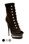 Black satin ankle boot with a peep toe, 6-inch shaft, 4-inch platform, and silver-tone decorative lacing.