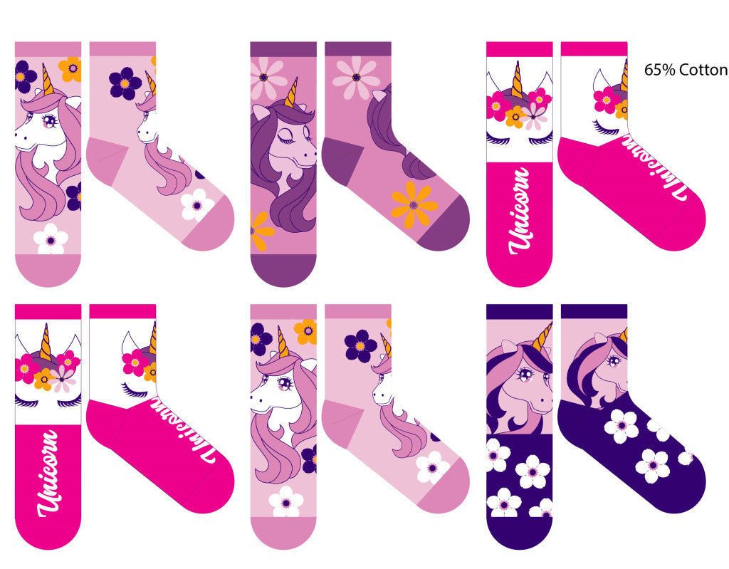 Unicorn kids cotton regular socks - 6 pairs/pack - 23-26