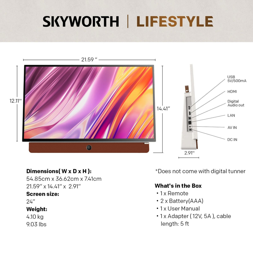 SKYWORTH 24in 12V Portable Smart Google TV ‚Äì 1080p FHD, 3-Hour Battery, HDR10, Dolby Audio & Bluetooth