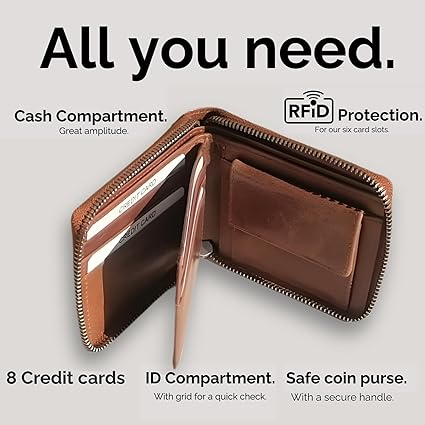 Cartera Zipper de Cuero Camel – Estilo Clásico –