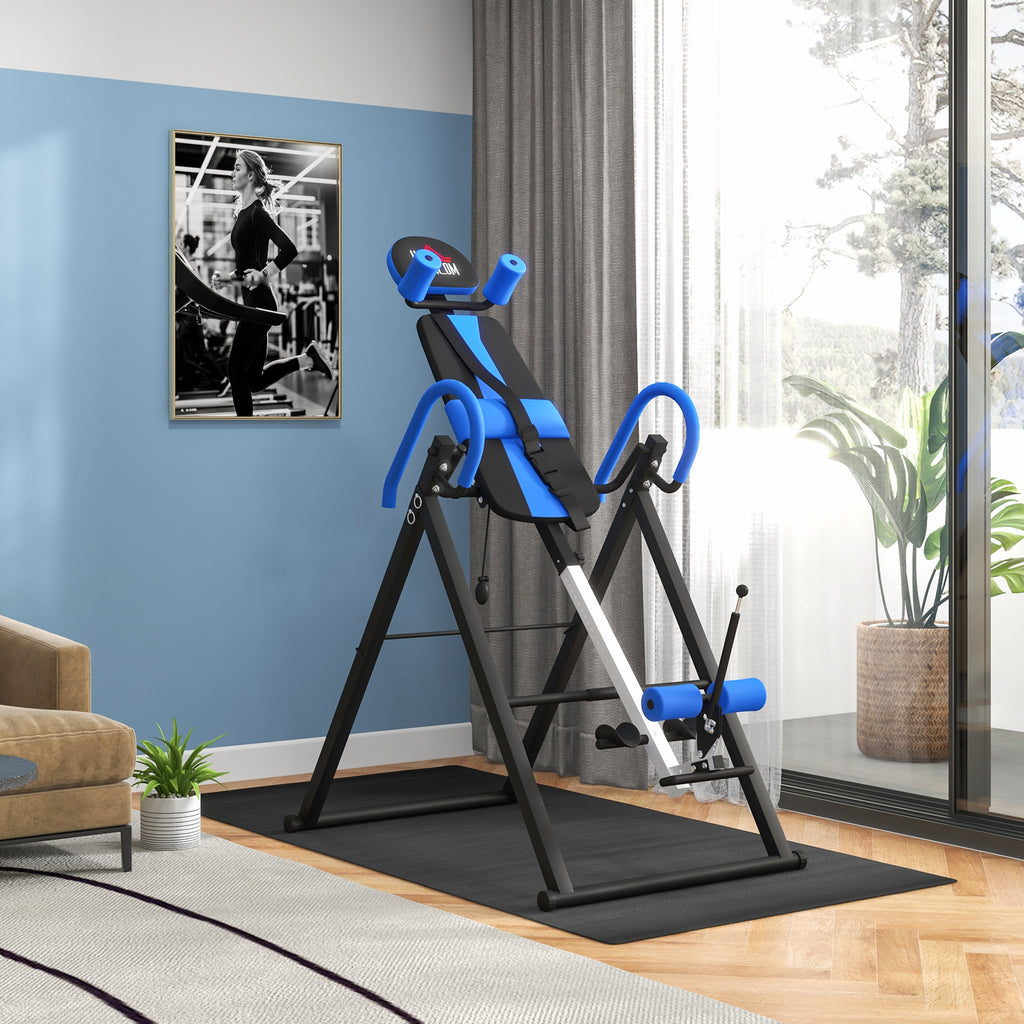 Table d'inversion de musculation pliable ceinture de sécurité réglable angle ajustable 3 niveaux 79x114x153cm bleu noir