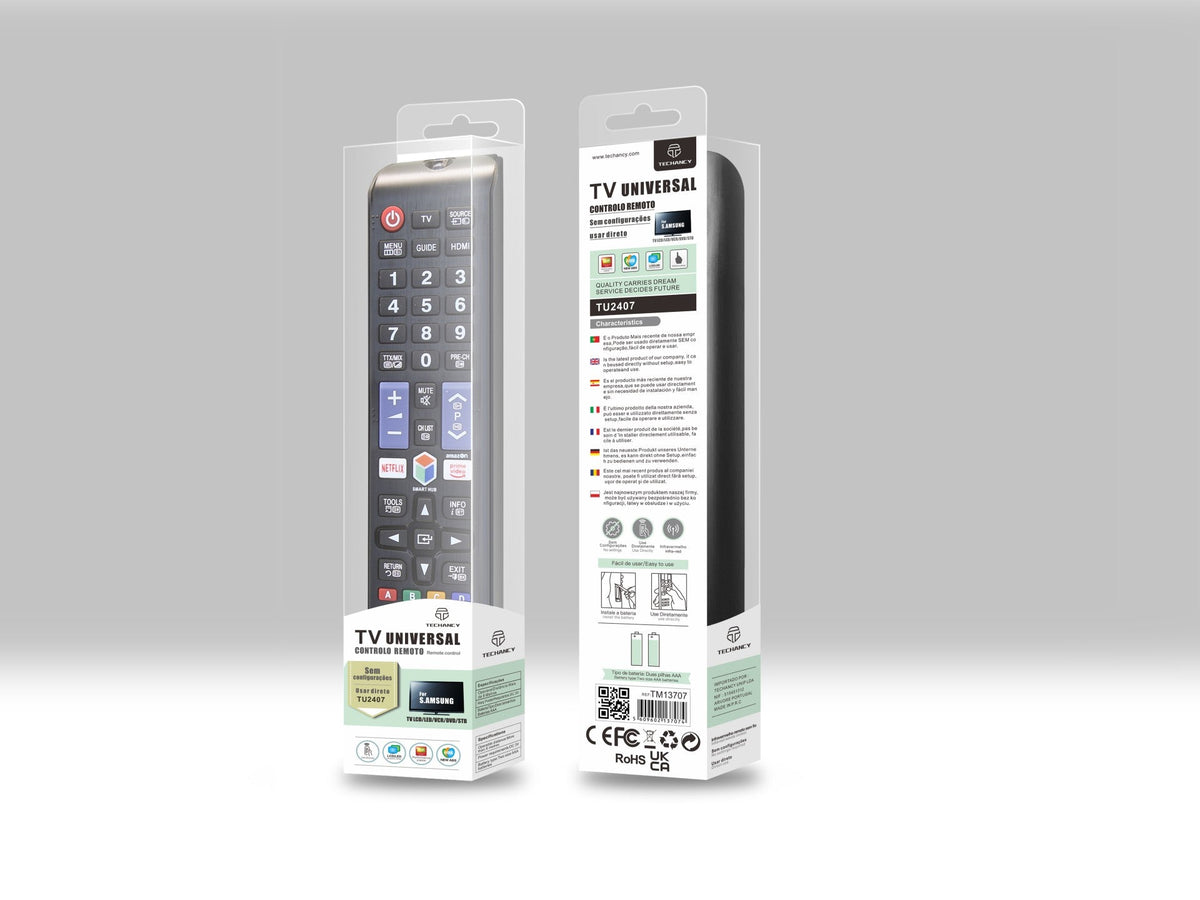 Techancy Controlo Remoto Do Televisor  TU2407, Alcance Sem Fios De 8m, Compatível Com Televisores Samsung, Ligação Auto-Adaptável