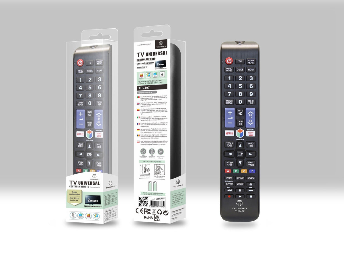Techancy Controlo Remoto Do Televisor  TU2407, Alcance Sem Fios De 8m, Compatível Com Televisores Samsung, Ligação Auto-Adaptável