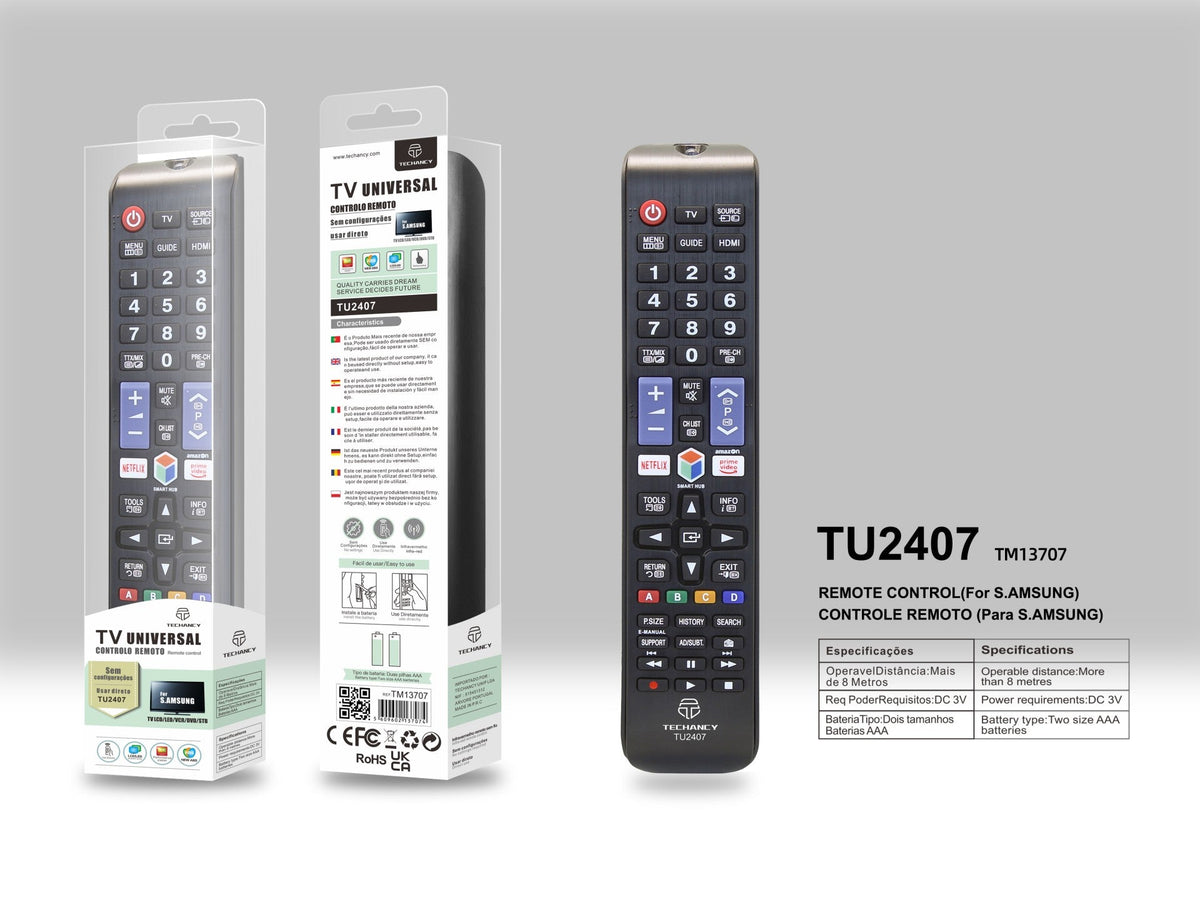 Techancy Controlo Remoto Do Televisor  TU2407, Alcance Sem Fios De 8m, Compatível Com Televisores Samsung, Ligação Auto-Adaptável