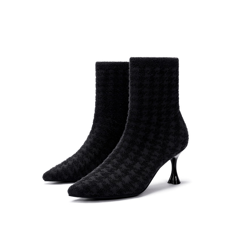 Pointed Toe Stiletto Heel Stretch Ankle Boots – Houndstooth Knit Sock Boots