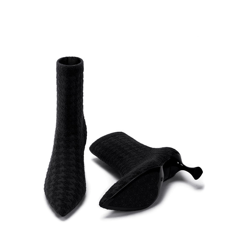 Pointed Toe Stiletto Heel Stretch Ankle Boots – Houndstooth Knit Sock Boots