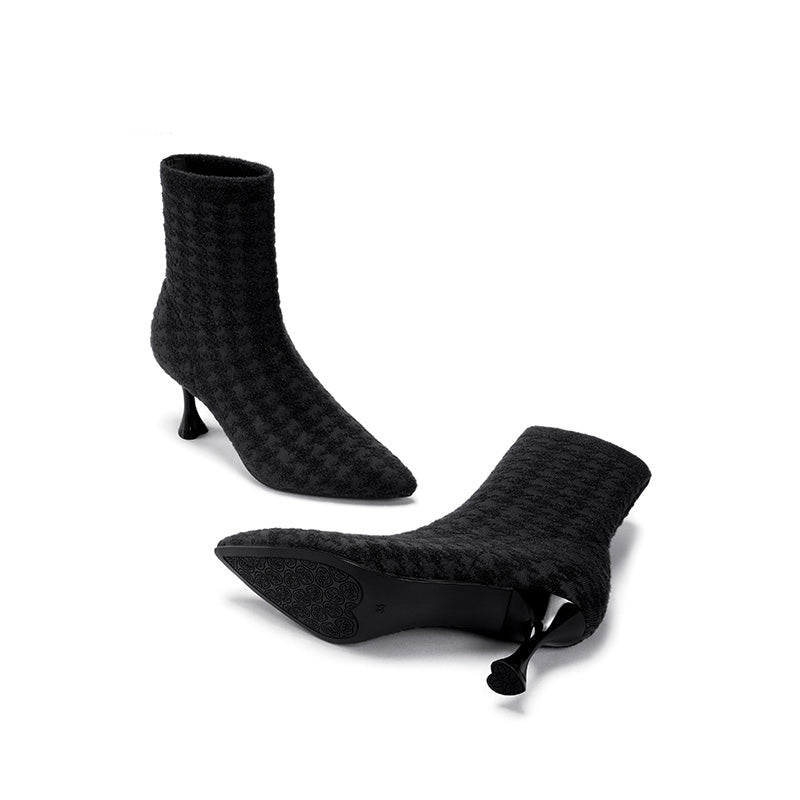 Pointed Toe Stiletto Heel Stretch Ankle Boots – Houndstooth Knit Sock Boots