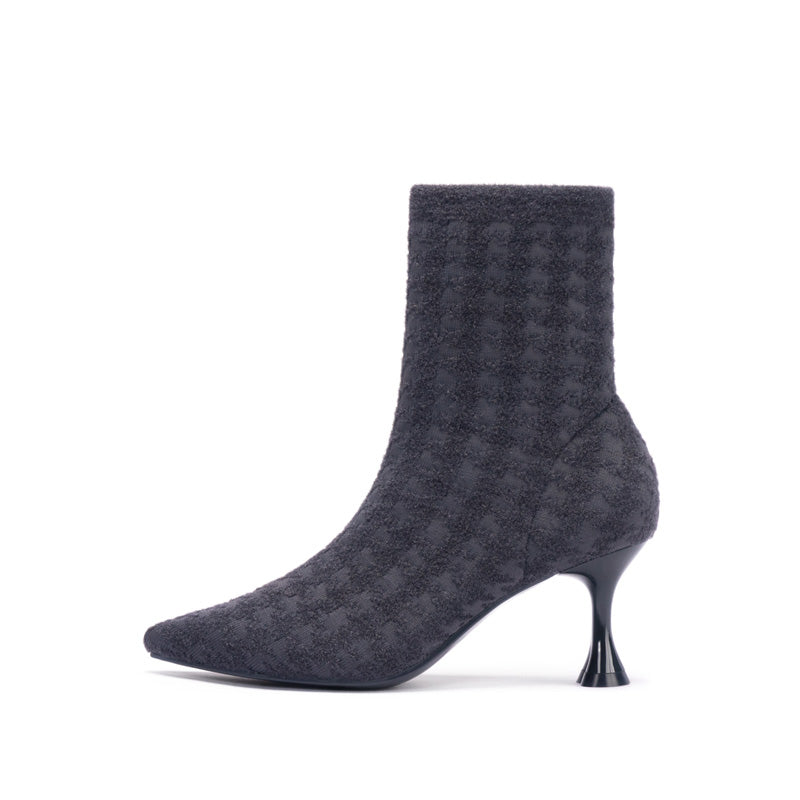 Pointed Toe Stiletto Heel Stretch Ankle Boots – Houndstooth Knit Sock Boots
