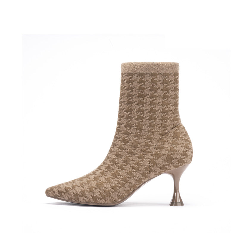 Pointed Toe Stiletto Heel Stretch Ankle Boots – Houndstooth Knit Sock Boots