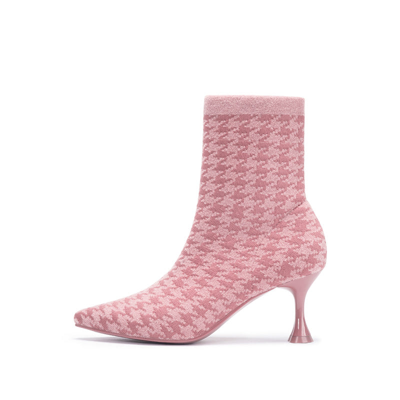 Pointed Toe Stiletto Heel Stretch Ankle Boots – Houndstooth Knit Sock Boots