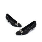 Rhinestone Bow Kitten Heels – Pointed Toe Knit Pumps
