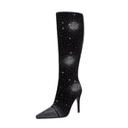 Silver Crystal Burst Black Pointed Knee High Boots