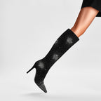 Silver Crystal Burst Black Pointed Knee High Boots
