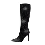 Silver Crystal Burst Black Pointed Knee High Boots
