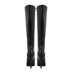 Sleek Black Leather Pointed Knee High Boots